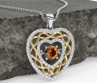 Diamond Citrine White Yellow Gold Celtic Heart Necklace