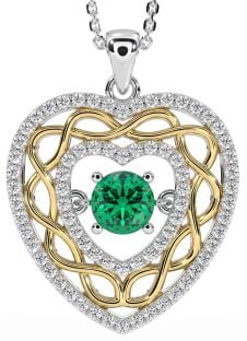 Diamond Emerald White Yellow Gold Celtic Heart Necklace