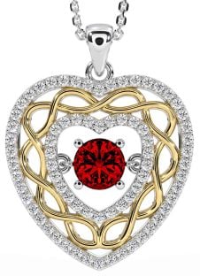 Diamond Garnet White Yellow Gold Celtic Heart Necklace