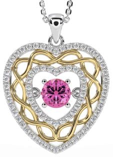 Diamond Pink Tourmaline White Yellow Gold Celtic Heart Necklace