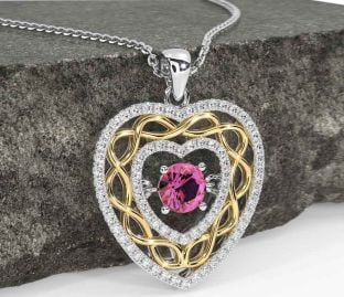 Diamond Pink Tourmaline White Yellow Gold Celtic Heart Necklace