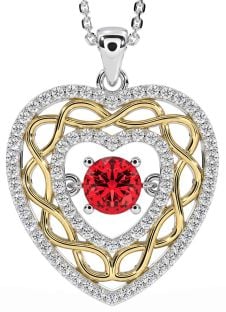 Diamond Ruby White Yellow Gold Celtic Heart Necklace