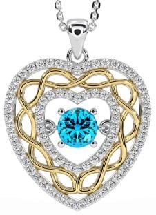 Diamond Topaz White Yellow Gold Celtic Heart Necklace