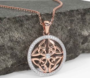 Diamond Rose Gold Silver Celtic Trinity Knot Necklace