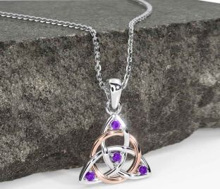 Amethyst Rose Gold Silver Celtic Trinity Knot Necklace