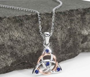 Sapphire Rose Gold Silver Celtic Trinity Knot Necklace