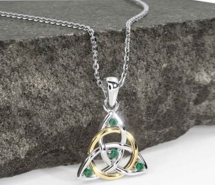Emerald Gold Silver Celtic Trinity Knot Necklace