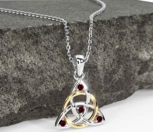 Garnet Gold Silver Celtic Trinity Knot Necklace
