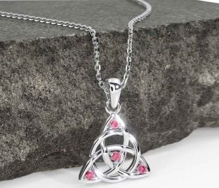 Pink Tourmaline White Gold Celtic Trinity Knot Necklace