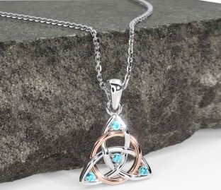 Aquamarine White Rose Gold Celtic Trinity Knot Necklace