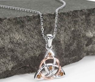 Citrine White Rose Gold Celtic Trinity Knot Necklace