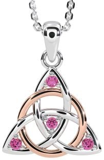 Pink Tourmaline White Rose Gold Celtic Trinity Knot Necklace