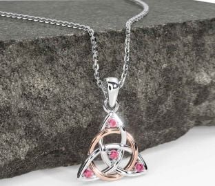 Pink Tourmaline White Rose Gold Celtic Trinity Knot Necklace