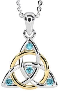 Aquamarine White Yellow Gold Celtic Trinity Knot Necklace
