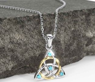 Aquamarine White Yellow Gold Celtic Trinity Knot Necklace