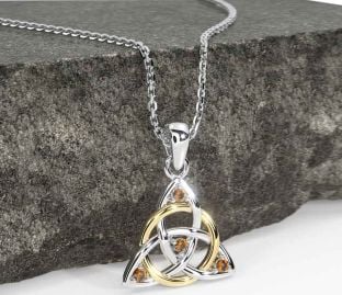 Citrine White Yellow Gold Celtic Trinity Knot Necklace
