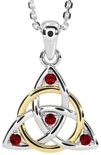 Garnet White Yellow Gold Celtic Trinity Knot Necklace