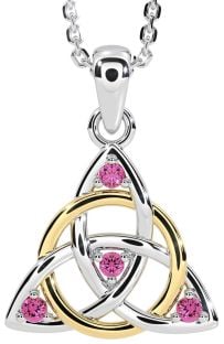 Pink Tourmaline White Yellow Gold Celtic Trinity Knot Necklace