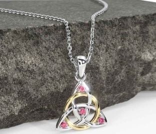 Pink Tourmaline White Yellow Gold Celtic Trinity Knot Necklace