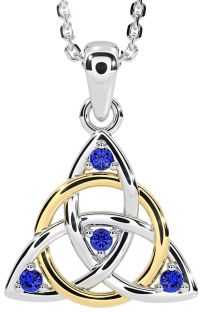 Sapphire White Yellow Gold Celtic Trinity Knot Necklace