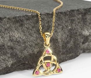 Pink Tourmaline Gold Celtic Trinity Knot Necklace
