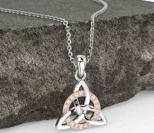 Diamond Rose Gold Silver Celtic Trinity Knot Necklace