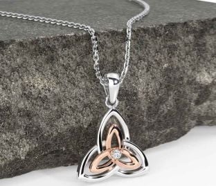 Diamond Rose Gold Silver Celtic Trinity Knot Necklace