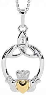 White Yellow Gold Claddagh Celtic Trinity Knot Necklace