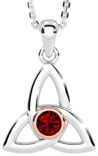 Garnet Rose Gold Silver Celtic Trinity Knot Necklace