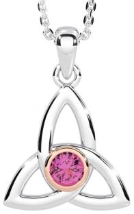 Pink Tourmaline Rose Gold Silver Celtic Trinity Knot Necklace