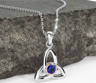 Sapphire Rose Gold Silver Celtic Trinity Knot Necklace