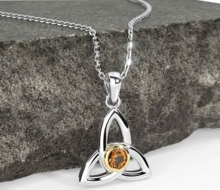Citrine Gold Silver Celtic Trinity Knot Necklace