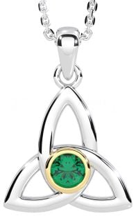 Emerald Gold Silver Celtic Trinity Knot Necklace