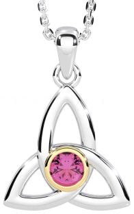 Pink Tourmaline Gold Silver Celtic Trinity Knot Necklace