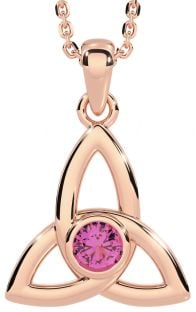 Pink Tourmaline Rose Gold Silver Celtic Trinity Knot Necklace