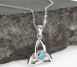 Aquamarine Rose Gold Silver Celtic Trinity Knot Necklace