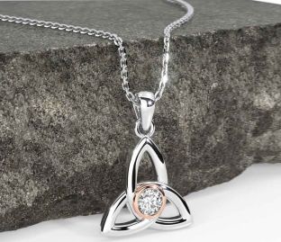 Diamond Rose Gold Silver Celtic Trinity Knot Necklace