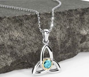 Aquamarine Gold Silver Celtic Trinity Knot Necklace