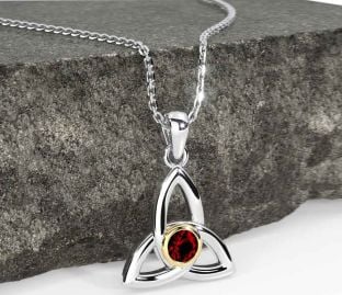 Garnet Gold Silver Celtic Trinity Knot Necklace