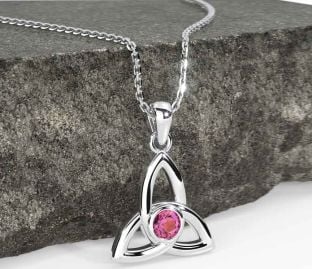 Pink Tourmaline White Gold Celtic Trinity Knot Necklace