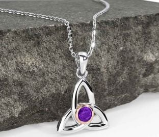 Amethyst White Rose Gold Celtic Trinity Knot Necklace