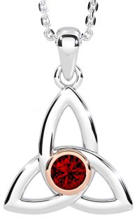 Garnet White Rose Gold Celtic Trinity Knot Necklace