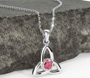 Pink Tourmaline White Rose Gold Celtic Trinity Knot Necklace