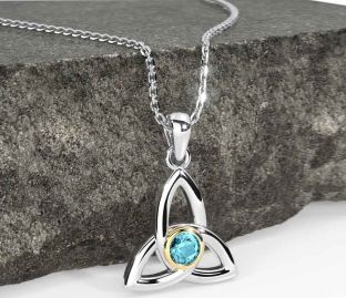 Aquamarine White Yellow Gold Celtic Trinity Knot Necklace
