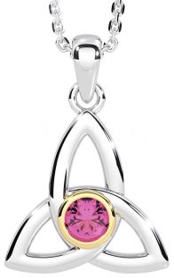 Pink Tourmaline White Yellow Gold Celtic Trinity Knot Necklace