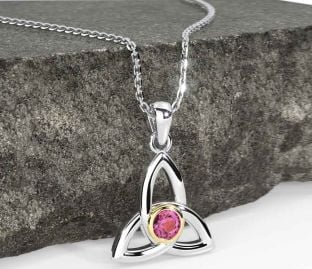 Pink Tourmaline White Yellow Gold Celtic Trinity Knot Necklace