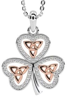 Diamond Rose Gold Silver Shamrock Trinity Knot Necklace