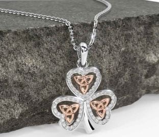 Diamond Rose Gold Silver Shamrock Trinity Knot Necklace