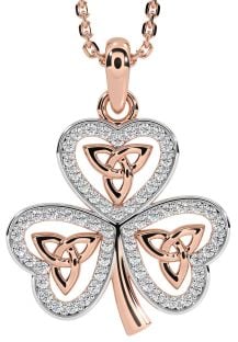 Diamond Rose Gold Silver Shamrock Trinity Knot Necklace