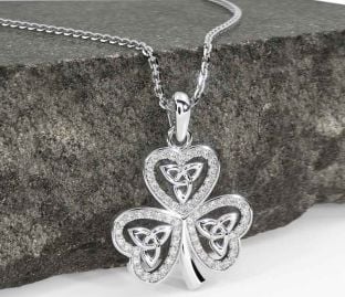 Diamond Silver Shamrock Trinity Knot Necklace